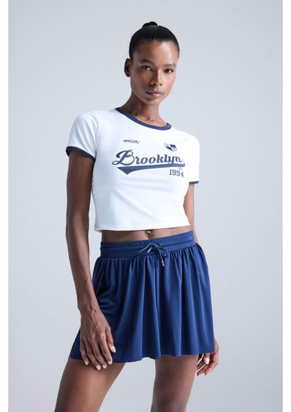 Fit Crop Bisiklet Yaka Baskılı Sporcu Kısa Kollu Tişört E7720AX25AU