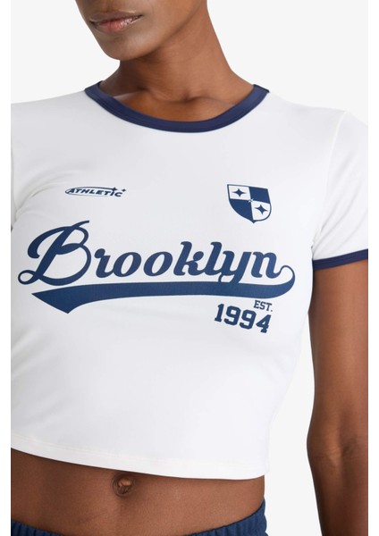 Fit Crop Bisiklet Yaka Baskılı Sporcu Kısa Kollu Tişört E7720AX25AU