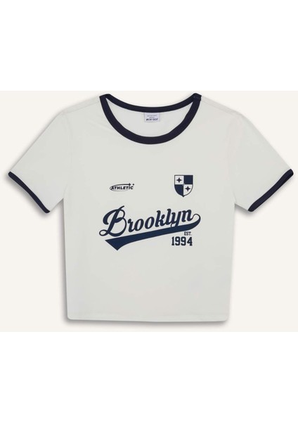 Fit Crop Bisiklet Yaka Baskılı Sporcu Kısa Kollu Tişört E7720AX25AU