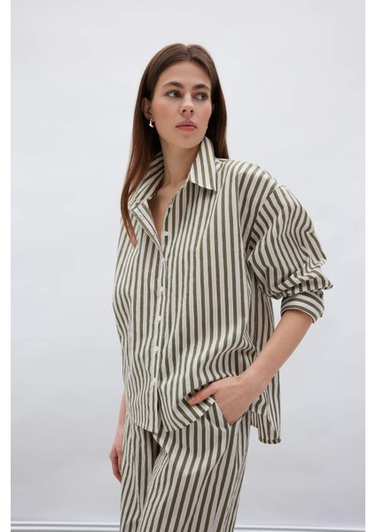Loose Fit Çizgili Poplin Uzun Kollu Gömlek F0403AX25SM