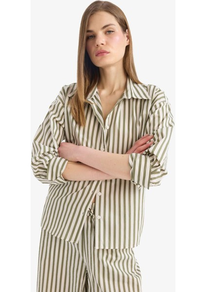 Loose Fit Çizgili Poplin Uzun Kollu Gömlek F0403AX25SM