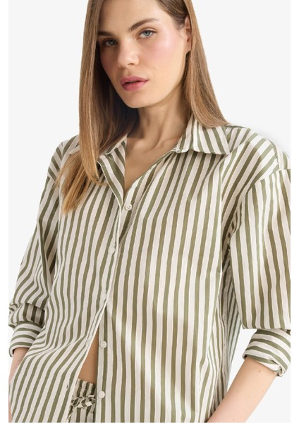 Loose Fit Çizgili Poplin Uzun Kollu Gömlek F0403AX25SM