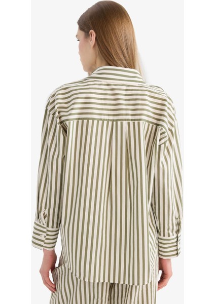 Loose Fit Çizgili Poplin Uzun Kollu Gömlek F0403AX25SM
