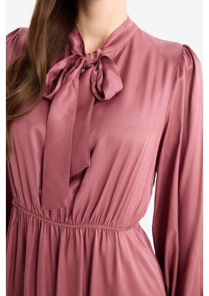 Regular Fit Fiyonk Yaka Saten Uzun Kollu Midi Elbise F0819AX25SP