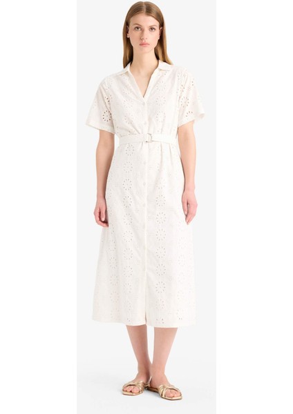 Gömlek Yaka Brode Kısa Kollu Midi Elbise F0430AX25SM