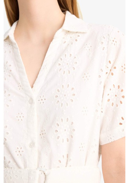 Gömlek Yaka Brode Kısa Kollu Midi Elbise F0430AX25SM