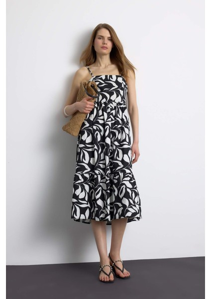 Çiçek Desenli Keten Görünümlü Askılı Midi Yazlık Elbise F0595AX25SM