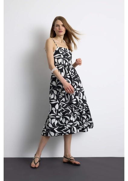 Çiçek Desenli Keten Görünümlü Askılı Midi Yazlık Elbise F0595AX25SM