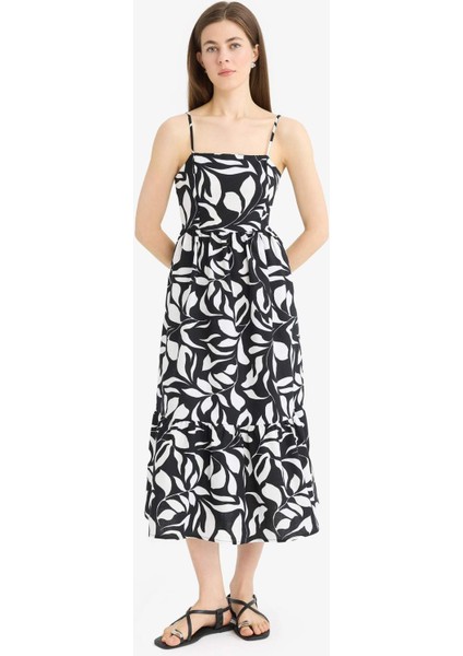 Çiçek Desenli Keten Görünümlü Askılı Midi Yazlık Elbise F0595AX25SM