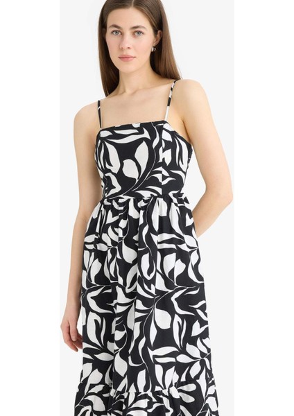 Çiçek Desenli Keten Görünümlü Askılı Midi Yazlık Elbise F0595AX25SM