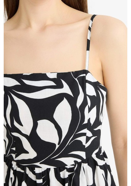 Çiçek Desenli Keten Görünümlü Askılı Midi Yazlık Elbise F0595AX25SM