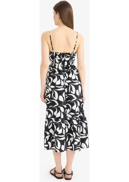 Çiçek Desenli Keten Görünümlü Askılı Midi Yazlık Elbise F0595AX25SM