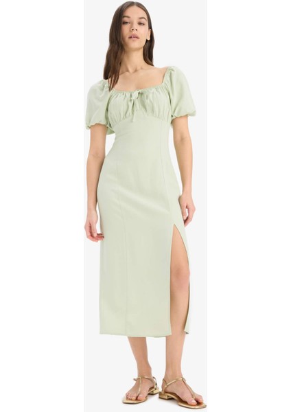 A Kesim V Yaka Keten Karışımlı Yırtmaçlı Kısa Kollu Midi Yazlık Elbise F0534AX25SM