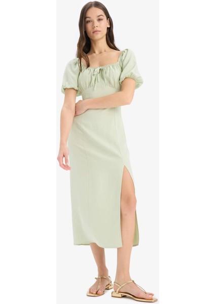 A Kesim V Yaka Keten Karışımlı Yırtmaçlı Kısa Kollu Midi Yazlık Elbise F0534AX25SM