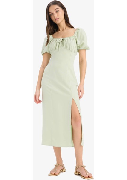 A Kesim V Yaka Keten Karışımlı Yırtmaçlı Kısa Kollu Midi Yazlık Elbise F0534AX25SM