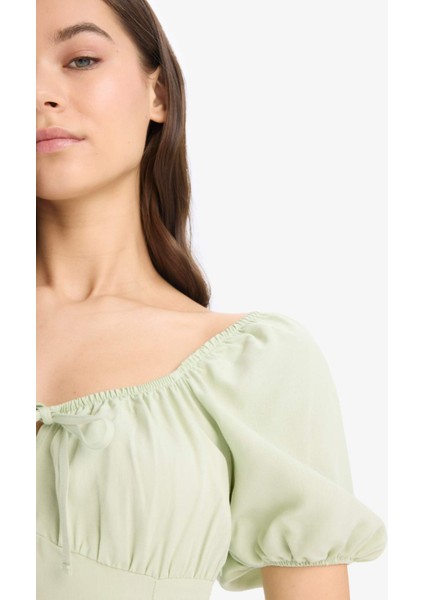 A Kesim V Yaka Keten Karışımlı Yırtmaçlı Kısa Kollu Midi Yazlık Elbise F0534AX25SM