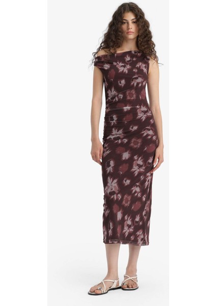 Bodycon Vücudu Saran Açık Omuz Çiçek Desenli Tül Maxi Elbise F0421AX25AU
