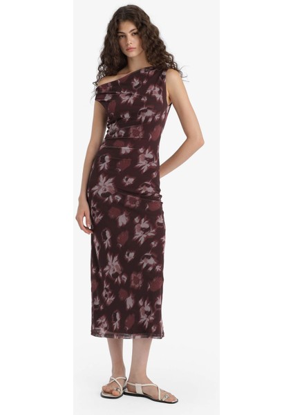 Bodycon Vücudu Saran Açık Omuz Çiçek Desenli Tül Maxi Elbise F0421AX25AU