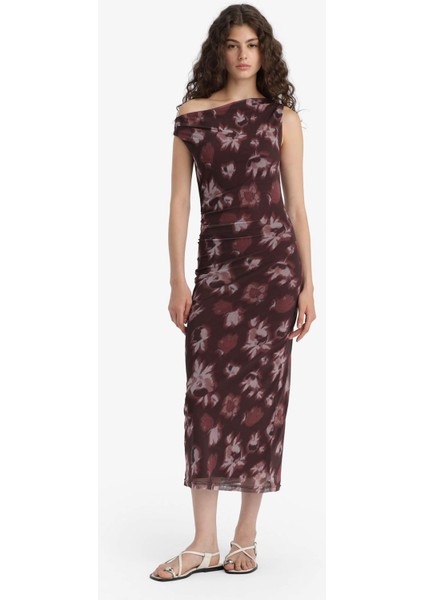 Bodycon Vücudu Saran Açık Omuz Çiçek Desenli Tül Maxi Elbise F0421AX25AU