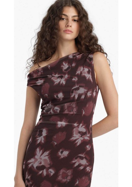 Bodycon Vücudu Saran Açık Omuz Çiçek Desenli Tül Maxi Elbise F0421AX25AU