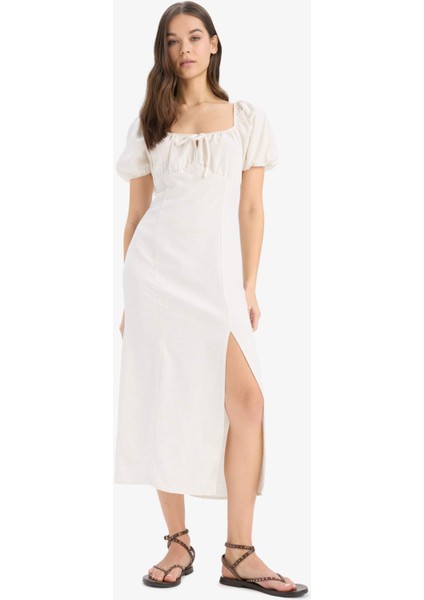 A Kesim V Yaka Keten Karışımlı Yırtmaçlı Kısa Kollu Midi Yazlık Elbise F0534AX25SM