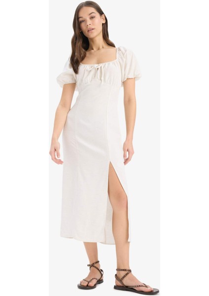 A Kesim V Yaka Keten Karışımlı Yırtmaçlı Kısa Kollu Midi Yazlık Elbise F0534AX25SM