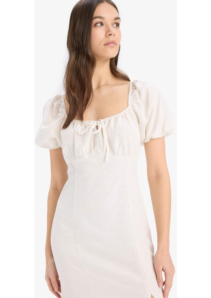 A Kesim V Yaka Keten Karışımlı Yırtmaçlı Kısa Kollu Midi Yazlık Elbise F0534AX25SM