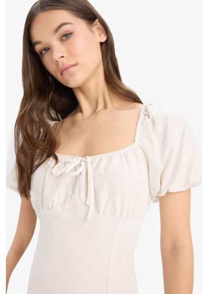 A Kesim V Yaka Keten Karışımlı Yırtmaçlı Kısa Kollu Midi Yazlık Elbise F0534AX25SM