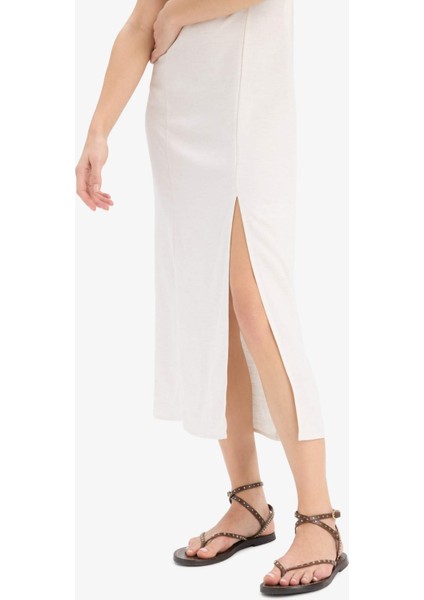 A Kesim V Yaka Keten Karışımlı Yırtmaçlı Kısa Kollu Midi Yazlık Elbise F0534AX25SM