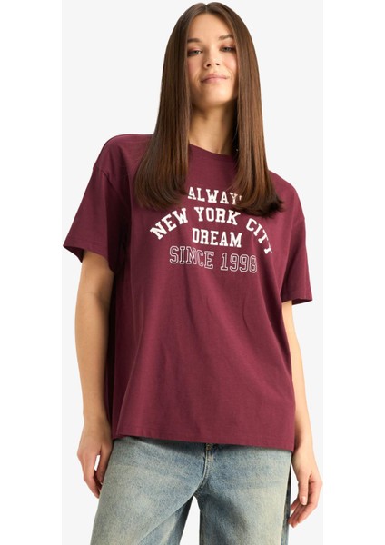 Oversize Geniş Kalıp Bisiklet Yaka Baskılı Kısa Kollu Tişört E9741AX25AU