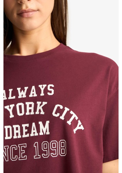 Oversize Geniş Kalıp Bisiklet Yaka Baskılı Kısa Kollu Tişört E9741AX25AU