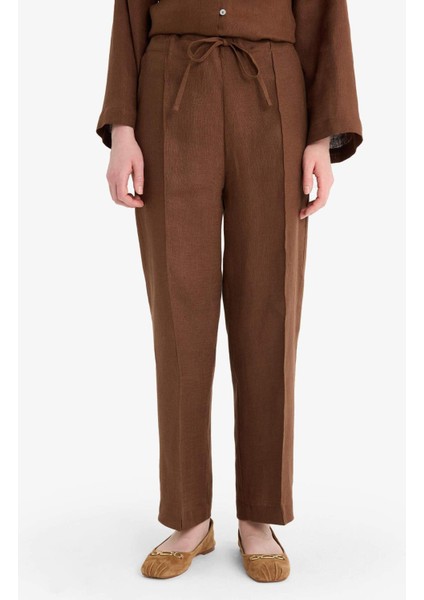 %100 Keten Straight Fit Beli Lastikli Cepli Pantolon D4388AX25SM