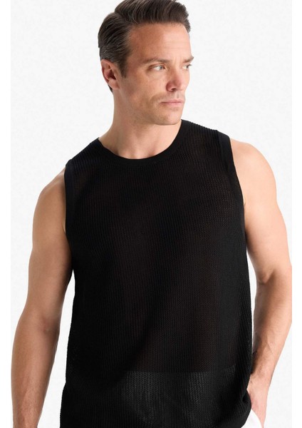 Standart Fit Bisiklet Yaka Siyah Kolsuz Triko Tişört E2704AX25SP