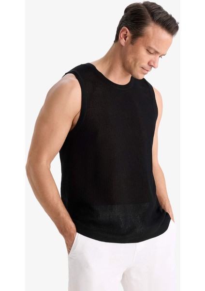 Standart Fit Bisiklet Yaka Siyah Kolsuz Triko Tişört E2704AX25SP