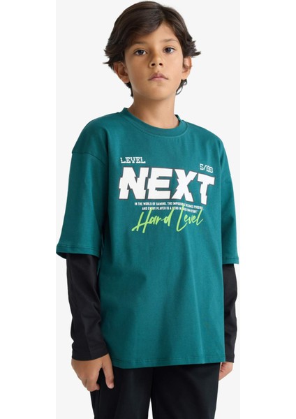 Erkek Çocuk Oversize Geniş Kalıp Bisiklet Yaka Baskılı Uzun Kollu Tişört E9589A825AU