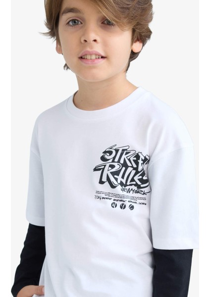 Erkek Çocuk Oversize Geniş Kalıp Bisiklet Yaka Baskılı Uzun Kollu Tişört E9588A825AU