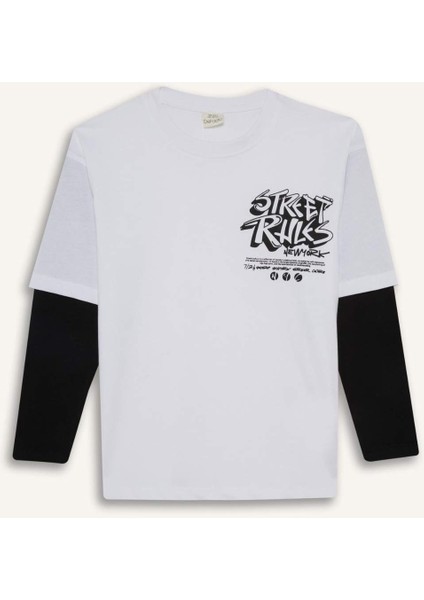 Erkek Çocuk Oversize Geniş Kalıp Bisiklet Yaka Baskılı Uzun Kollu Tişört E9588A825AU