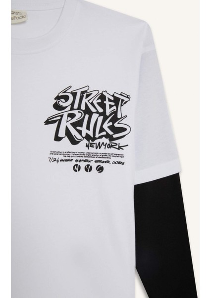 Erkek Çocuk Oversize Geniş Kalıp Bisiklet Yaka Baskılı Uzun Kollu Tişört E9588A825AU