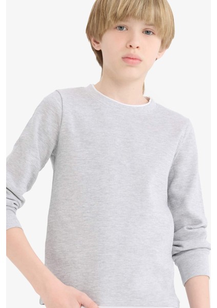 Erkek Çocuk Bisiklet Yaka Basic Düz Waffle Uzun Kollu Okul Tişörtü