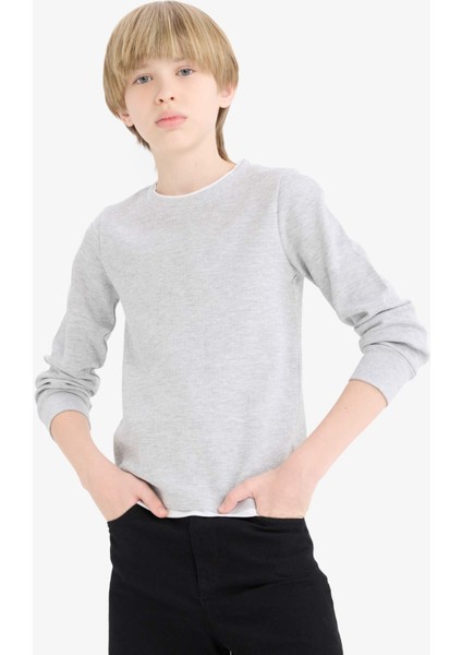 Erkek Çocuk Bisiklet Yaka Basic Düz Waffle Uzun Kollu Okul Tişörtü