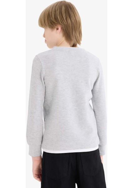 Erkek Çocuk Bisiklet Yaka Basic Düz Waffle Uzun Kollu Okul Tişörtü