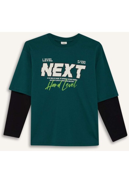 Erkek Çocuk Oversize Geniş Kalıp Bisiklet Yaka Baskılı Uzun Kollu Tişört E9589A825AU