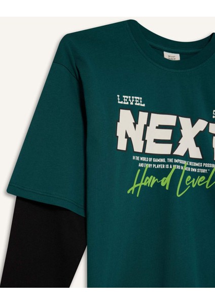 Erkek Çocuk Oversize Geniş Kalıp Bisiklet Yaka Baskılı Uzun Kollu Tişört E9589A825AU