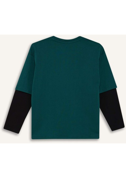 Erkek Çocuk Oversize Geniş Kalıp Bisiklet Yaka Baskılı Uzun Kollu Tişört E9589A825AU