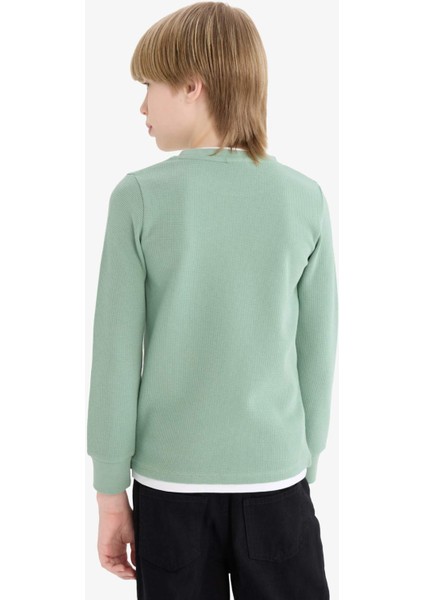 Erkek Çocuk Bisiklet Yaka Basic Düz Waffle Uzun Kollu Okul Tişörtü V1186A625AU