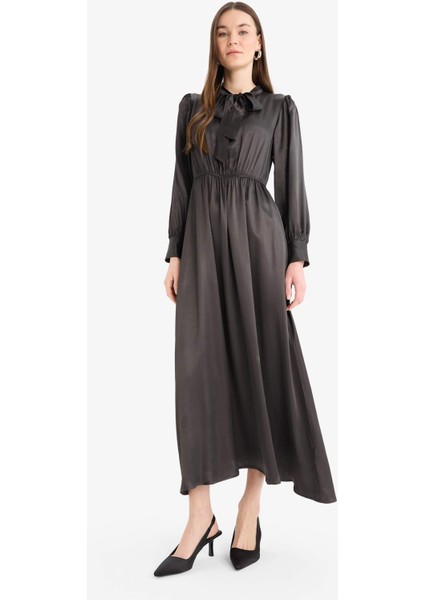 Regular Fit Fiyonk Yaka Saten Uzun Kollu Midi Elbise F0819AX25SP