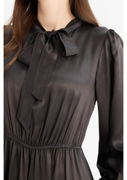 Regular Fit Fiyonk Yaka Saten Uzun Kollu Midi Elbise F0819AX25SP