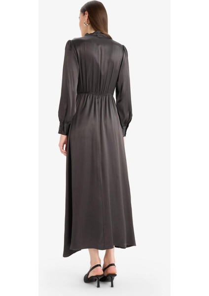 Regular Fit Fiyonk Yaka Saten Uzun Kollu Midi Elbise F0819AX25SP