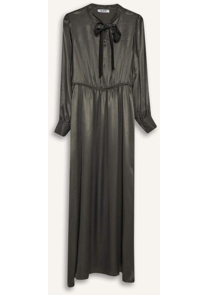 Regular Fit Fiyonk Yaka Saten Uzun Kollu Midi Elbise F0819AX25SP