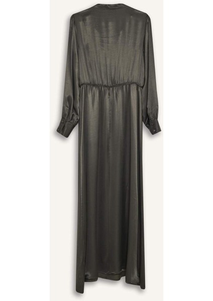 Regular Fit Fiyonk Yaka Saten Uzun Kollu Midi Elbise F0819AX25SP